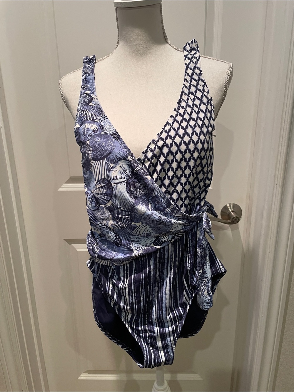 Tommy Bahama Navy & White Patterned Wrap One-Piece Swimsuit with side Tie
